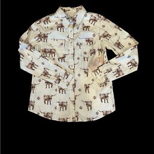 NWT Men’s long horn  Cream Western Print Shirt